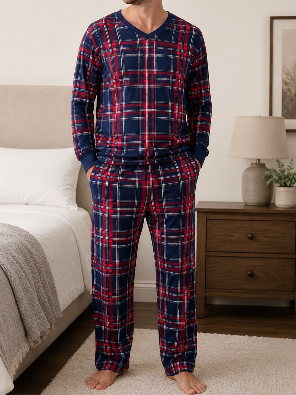Nautica Men’s Medium Plaid Pajama Set – Navy Red White